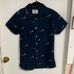 Men's Navy Blue Casual Button Down Shirt with Tropical Pattern